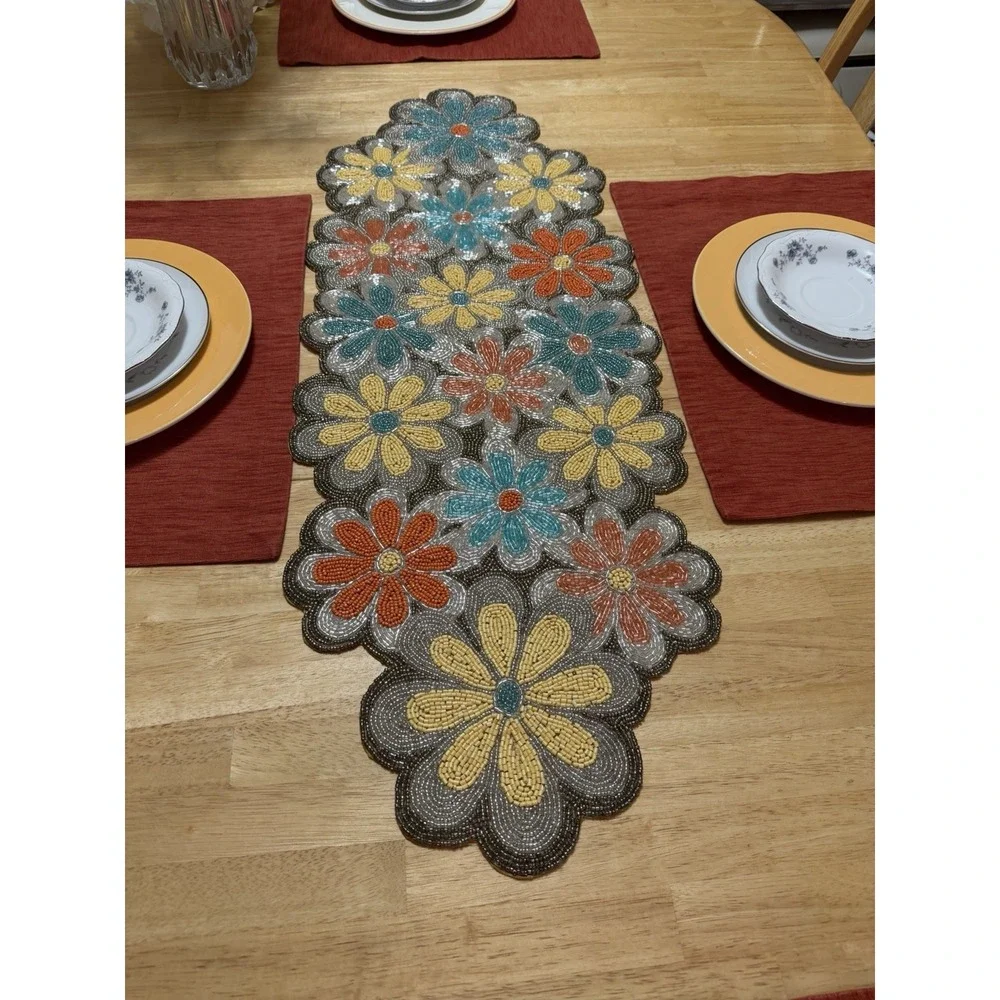 World Traveler‎ India Hand Beaded Table Runner 13x36 Floral Boho Retro